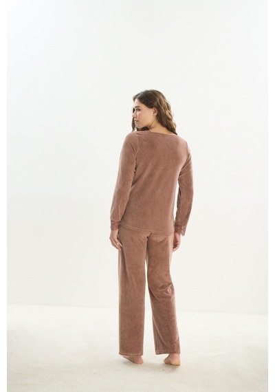 Sevim Kadın Uzun Kol Kadife Kahve Pijama Takım C3t9n1o61 001