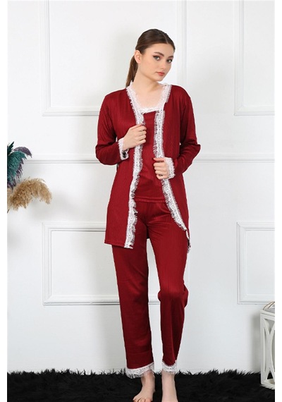 İbrahim Burak Etiler Collection Moda Çizgi Kadın 3'lü Bordo Sabahlık Takım 16108