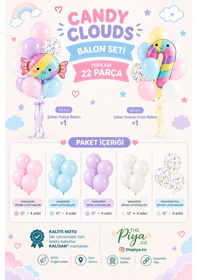 Candy Clouds / Şeker Bulutları Temalı Balon Seti 22 Parça Açık Gri - Fuşya - Pembe - Mor