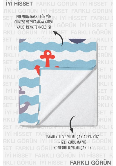 Çapa Marine Plaj Havlusu - Nautical Dalga Çizgili Mavi Beyaz Hızlı Kuruyan Mikrofiber Havlu Kumlu Ada
