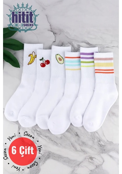 Hitit Socks Kadın 6 Çift Premium Kalite Renkli Çizgili Ve Meyve Desenli Nefes Alabilen Tenis Çorabı Beyaz