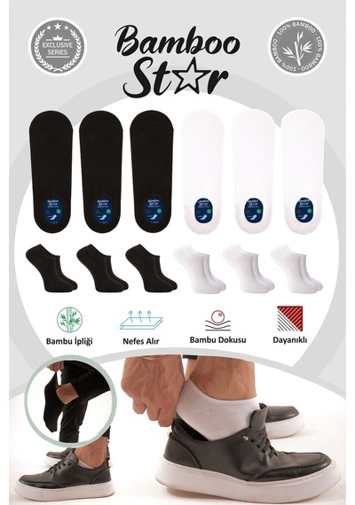 Bamboo Star Bambu Erkek Sneaker 3 Siyah- 3 Beyaz Çorap Dikişsiz Bilekte Görünmez Spor Çorap Premium 6'lı Paket Siyah - Beyaz