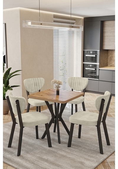 Mutfak Masası Takımı 4 Kişilik Masa Sandalye Takımı Balkon Masası Cafe Masa Takımı-70x70 Atlantik Çam - Krem