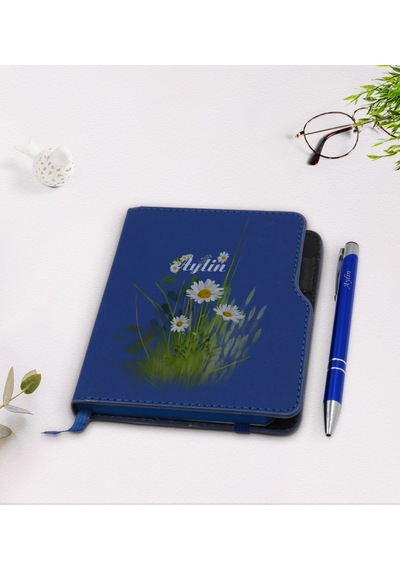 Kişiye Özel Papatya Temalı Lacivert Termo Deri Defter Kalem Seti- N11.141
