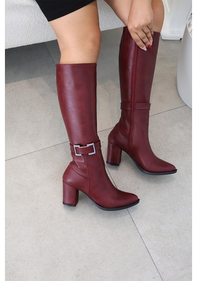 Asmi Shoes Kadın Lamor Bordo 7 Cm Topuklu Tokalı Yandan Fermuarlı Diz Altı Çizme 410