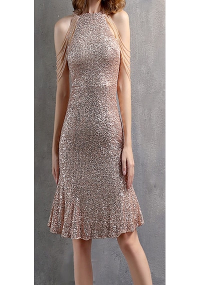 Hanife Glam Couture Hanife Glam Boncuk Detaylı Pulpayet Abiye Elbise Gold