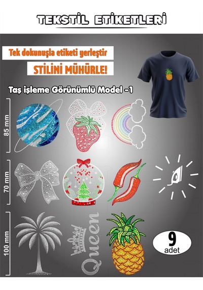 Ütü İle Yapışan Kıyafet Etiketi Taş İşleme Görünümlü Model-1 9lu Set Karışık