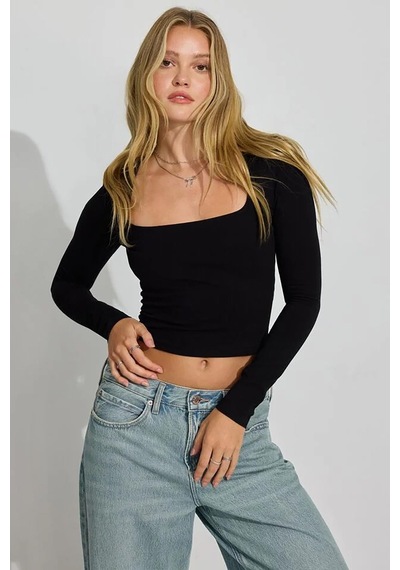 Seeh Siyah Kare Yaka Uzun Kollu Kadın Body Sh206