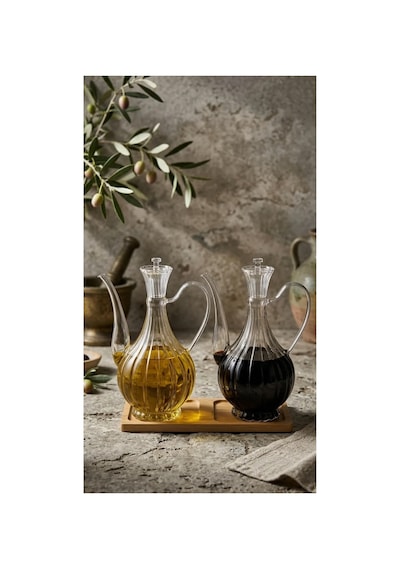 Reoona Cam Yağdanlık 750ml+750 Ml Glory Çizgili Bambu Stantlı Borosilikat Sirkelik El Üretimi Yağ, Sirke Açık Beyaz