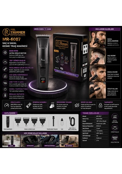 Saç Sakal Kesme Traş Makinesi Şarjlı Dijital Göstergeli 180 Döner Başlık 3-6-9-12mm Tarak Mr-6007 5728