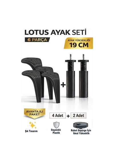 Lotus 19 Cm Ayak Seti Siyah 6 Parça Robot Süpürgeye Uyumlu Koltuk Mobilya Dolap Baza Ayağı Siyah
