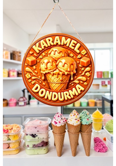 Karamel Dondurma Görselli Ahşap İpli Kapı Duvar Süsü Kahveci Dekoratif Panosu