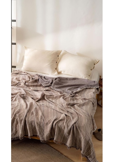 Boho Çizgili Yatak Örtüsü 4 Katlı Müslin%100 Pamuk Yumuşak Lüks Yazlık Pike Çift Kişilik Battal Boy 240x260 Cm Gri Çok Renkli