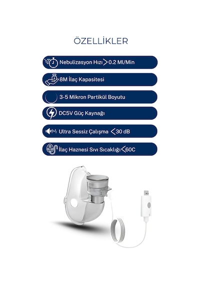 Direct Nexus USB Portatif Mesh Nebülizatör VP-M10 | Taşınabilir, Şarj Edilebilir, Sessiz (<25 dBA), 8 ml Hazne