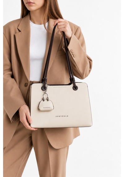Just Polo Kadın Yeni Sezon Büyük Boy Aksesuar Detaylı Günlük Şık Kol Çantası Shopper Krem - Kahverengi
