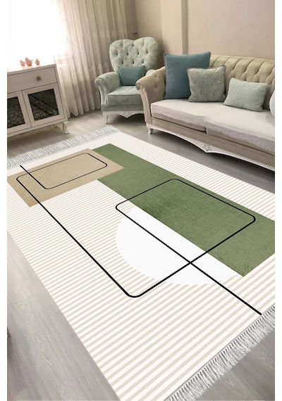 Alanur Kaymaz Yıkanabilir Dijital Baskılı Salon Halısı Trend Saçaklı Geometrik Al4052 Bej