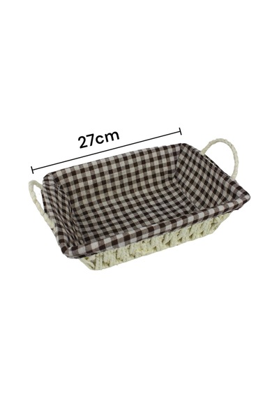 Hasır Rattan Ekmeklik Ekmek Sepeti Dikdörtgen Ekose Kumaş Krem