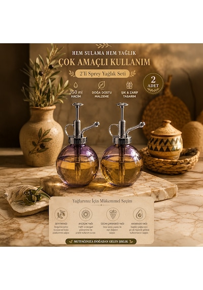 Porsima 15729 2'li Cam Sprey Şişe Seti 350 Ml Mor Cam Çiçek Bitki Sulama Püskürtücü & Sprey Yağdanlık