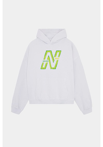 Unisex Kapüşonlu Sweatshirt - Neon Yeşil Baskılı Oversize Hoodie Beyaz