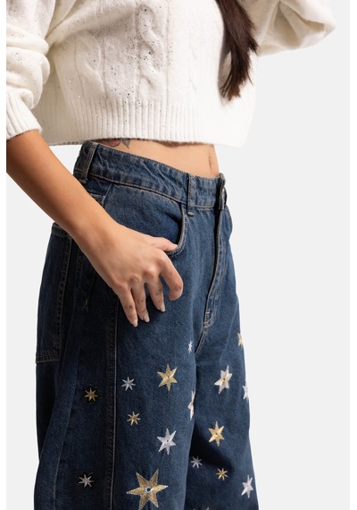 Kadın Koyu Kot 1w6-8 Mega Baggy Yıldız Nakış Detaylı Özel Tasarım Denim Jean