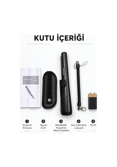 Pointer Siyah Altın Titreşimli Metal Dedektörü Pinpointer Pil + Çanta Hediye