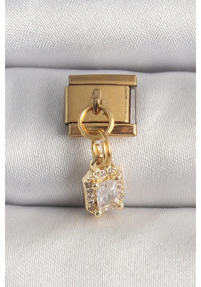 316l Çelik Gold Renk Sallantı Zirkon Taşlı Kare Model Nomination Charm 5886 Çok Renkli