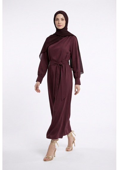 Armine Trend Drape Detaylı Belden Kuşaklı Elbise Mürdüm 26yt904
