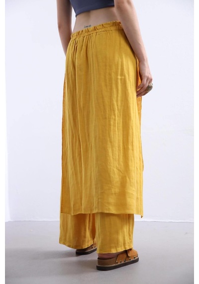 Bohem Stil İtalyan Ham Keten Pantolon Etek-8747 Hardal