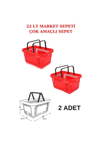 22 Litre 2 Adet Market Sepeti, Alışveriş Sepeti, Saplı Market Sep