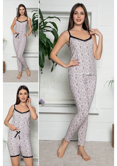 Myben Kadın Ekru Renkli Dantel Detaylı Şortlu Ve Taytlı Pijama Takımı 3'lü Set 75030 Ekru