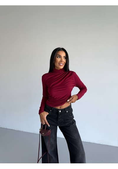 Trendhazan Boğazlı Drapeli Sandy Kumaş Bluz bordo