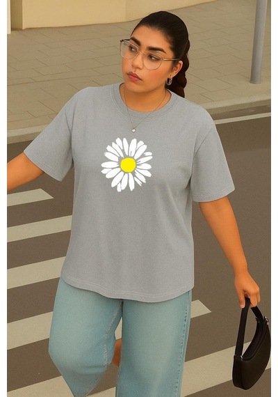 Büyük Beden Papatya Baskılı Unisex Tişört Gri