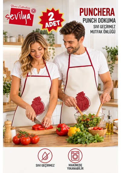 Punchera 2li Paket Punch Nakışlı Sıvı Su Geçirmez Mutfak Önlüğü Kırmızı Gül