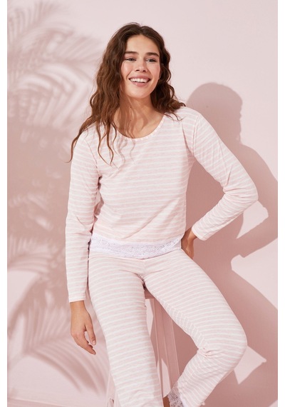 Siyah İnci Dantel Detaylı Pamuklu Örme Pijama Takım 24240148 Somon