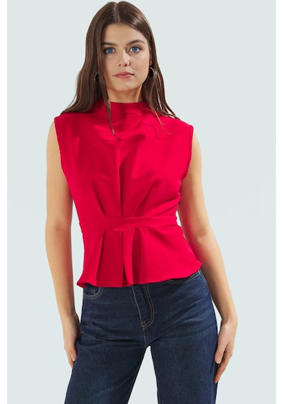 Ersefa Rahat Kolsuz Bluz Yazlık Dokuma Polyester Karışımlı Trend Tasarım Kırmızı