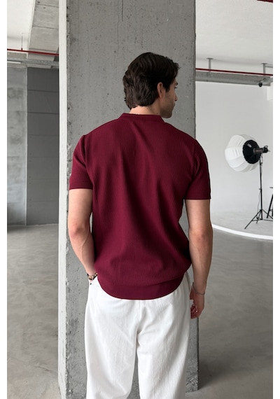 Erkek Petek Desen Polo Yaka Triko T-shirt Bordo