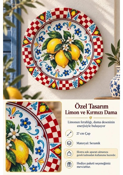 Dekoratif Duvar Tabağı - Limon Ve Kırmızı Dama Desenli - Dekorlu Seramik Tabak
