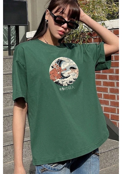 Unisex Kanagawa Oki Nami Ura Baskılı T-shirt Yeşil