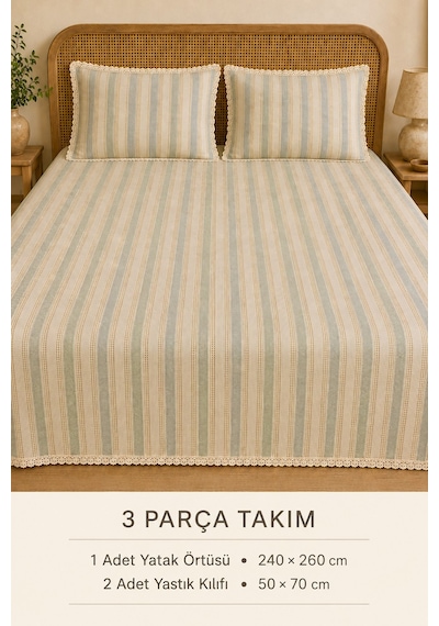 Naturel Buldan %100 Pamuk Çift Kat Fırfırlı 3 Parça Çift Kişilik Yatak Örtüsü Takımı 240x260 Cm Çok Renkli