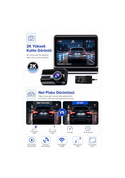 Bagajon 2k Max Araç İçi Kamera 4g Çift Kameralı Wifi Gps Uzaktan Canlı İzleme Gece Görüşlü G-sensör 24 Saat Park Modu