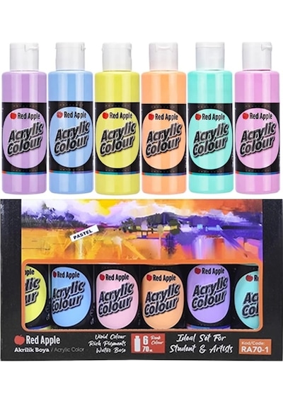 Red Apple 12 X 70 Ml Akrilik Boya 6 Ana Renk + 6 Pastel Renkler Set 12 Renk Akrilik Boya Seti Çok Renkli