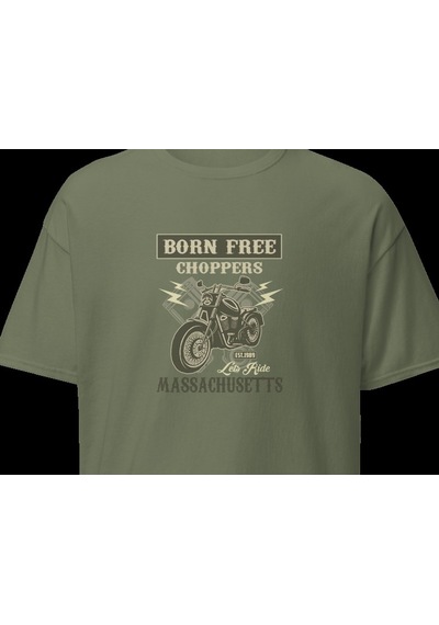 Wildstyle Born Free Choppers Motosiklet Vintage Chopper Baskılı Unisex Bisiklet Yaka Pamuklu Tişört - Haki