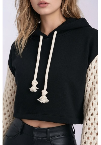 Mamayaga Kadın Kolları Triko File Örgü Şık Tasarım Crop Boy Kapüşonlu Sweatshirt Design Kazak Siyah
