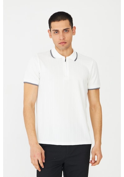 Beyaz Fermuarlı Polo Yaka Erkek T-shirt Beyaz