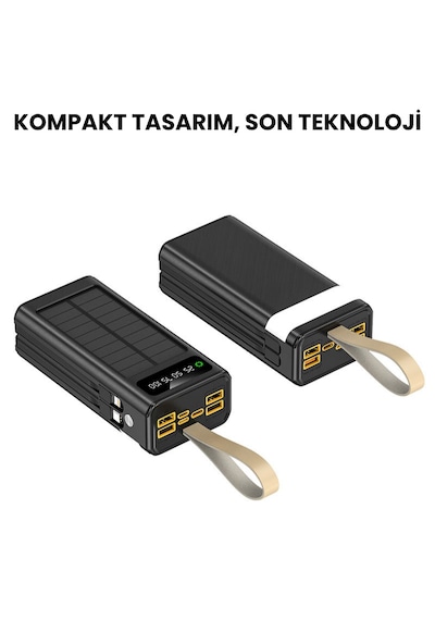30000 Mah Solar Powerbank Güneş Enerjili Taşınabilir Şarj Cihazı 22.5w Hızlı Şarj Dahili Kablolu Çoklu Çıkış Dijital Ekran Siyah - Siyah