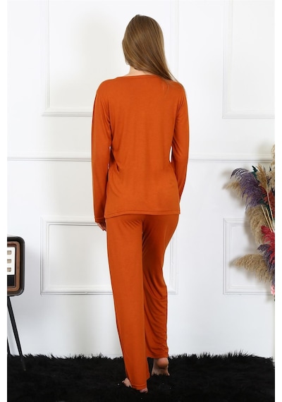 Akbeniz Kadın Penye Uzun Kol Patlı Pijama Takım 4168 - L Kiremit