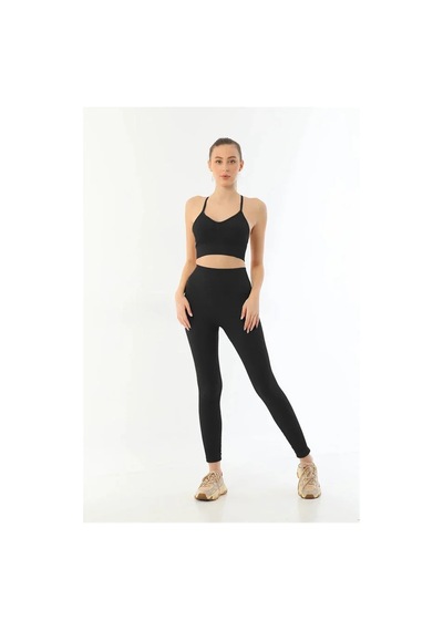 Angbutik Siyah Mı 3921 Soft Seamless Ripli Tayt Yoga Takımı