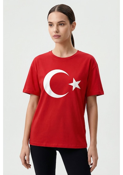 Tommy Life Kırmızı Ay Yıldız Baskılı Unisex T-shirt - 88509 KIrmızı