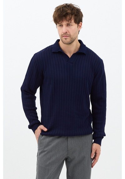 Erkek Lacivert Slim Fit Uzun Kollu Polo Yaka Triko Kazak Lacivert
