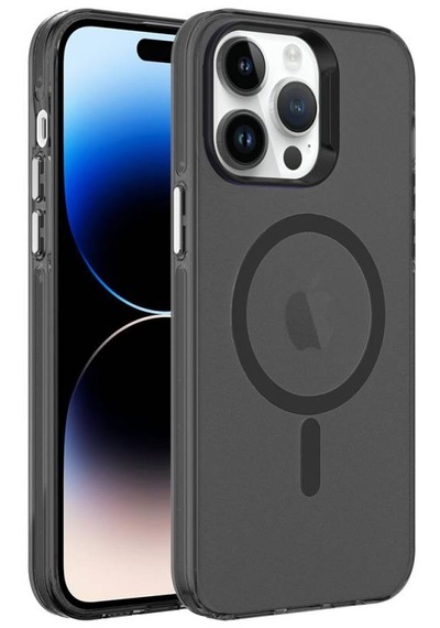 Apple Uyumlu iPhone 14 Pro Max Kılıf Şeffaf Magsafeli Ve Mat Buz Tasarımlı İce Armor Sert Silikon Kapak Siyah